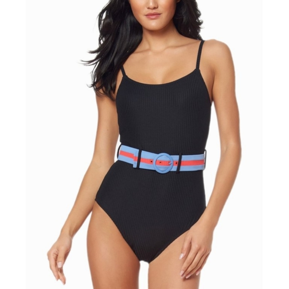 Jessica Simpson Ribbed Belted‎ One-Piece Swimsuit Black L